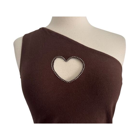 Y2K HOLLISTER Heart Rhinestone Cut Out One Shoulder Tank Top Chocolate Brown S - Picture 3 of 10